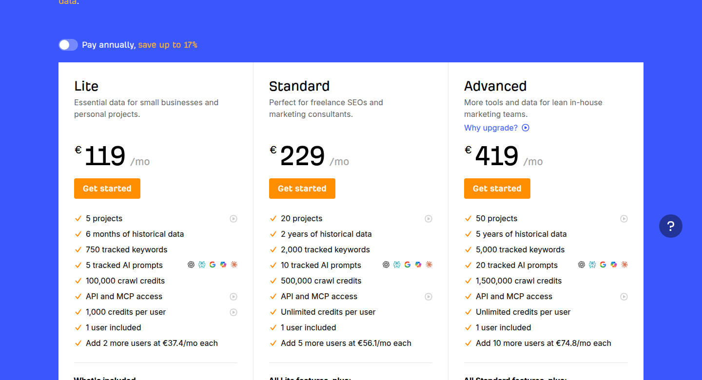 Ahrefs plans in euros: Lite €119/mo with 5 projects, 750 tracked keywords, 5 tracked AI prompts, 1 user included and 2 more at €37.4/mo each; Standard €229/mo with 10 tracked AI prompts; Advanced €419/mo with 20.