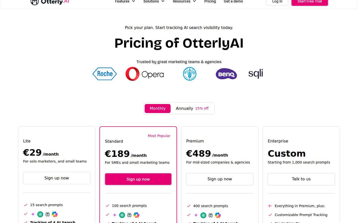 Otterly.AI pricing page: Lite 29, Standard 189 (most popular), Premium 489 per month and a custom Enterprise plan starting from 1,000 search prompts; prices shown in euros.
