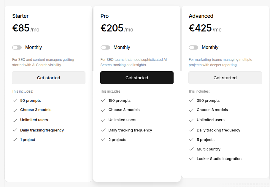 Peec AI pricing in euros: Starter €85/mo with 50 prompts, choose 3 models, unlimited users, daily tracking, 1 project; Pro €205/mo with 150 prompts; Advanced €425/mo with 350 prompts.