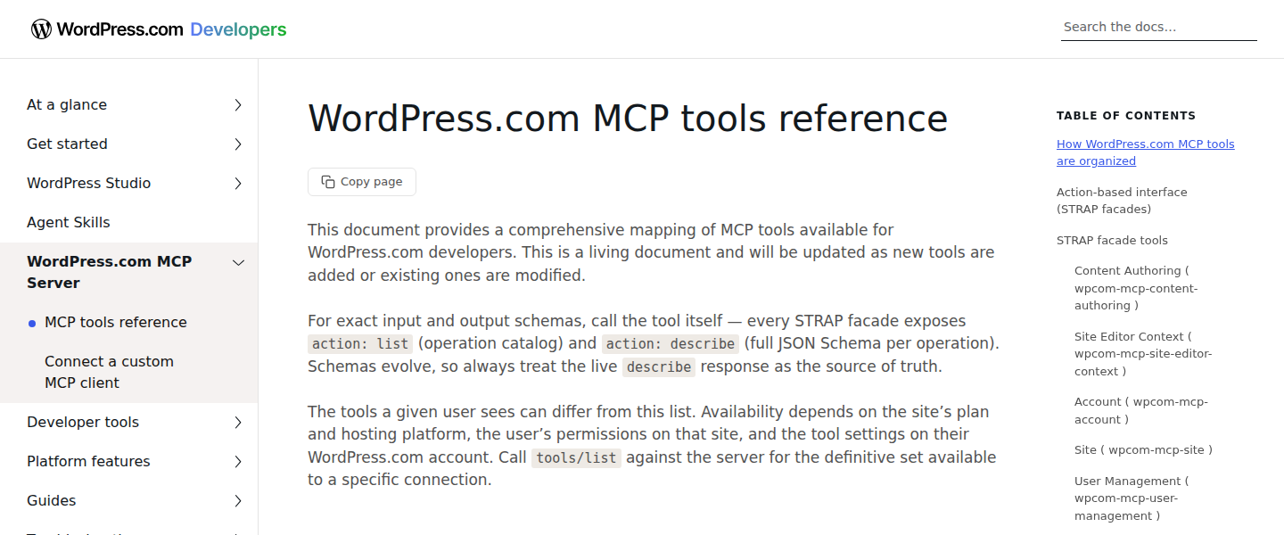 WordPress.com MCP tools reference page: a mapping of the MCP tools available for WordPress.com; which ones a user sees depends on the site's plan, hosting, permissions and tool settings.