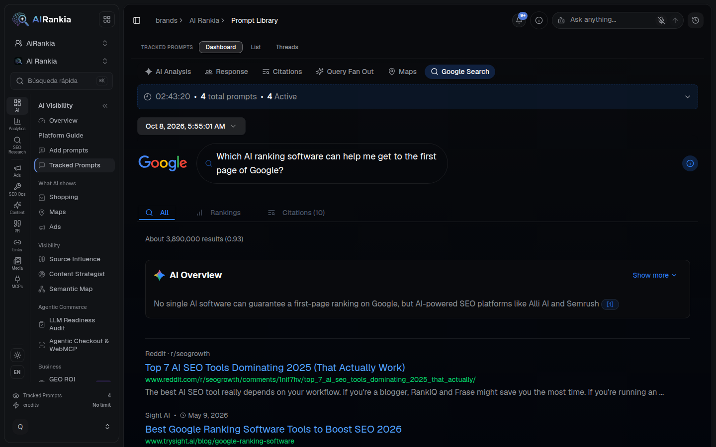 The Google Search tab of one AI Rankia prompt run on Oct 8, 2026: the query “Which AI ranking software can help me get to the first page of Google?”, about 3,890,000 results, and the AI Overview naming Alli AI and Semrush, with 1 source.