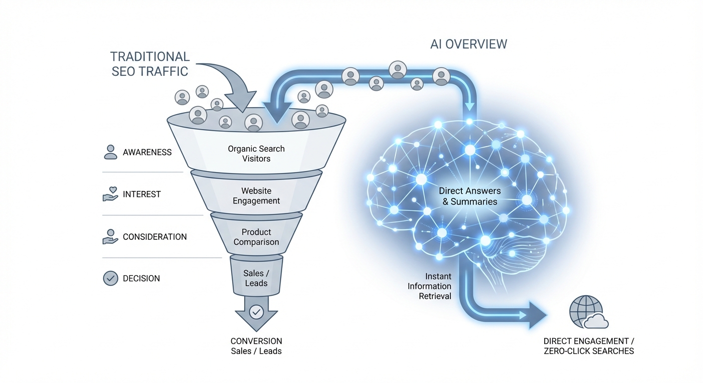 Infographic showing an AI Overview disrupting the traditional SEO traffic funnel.