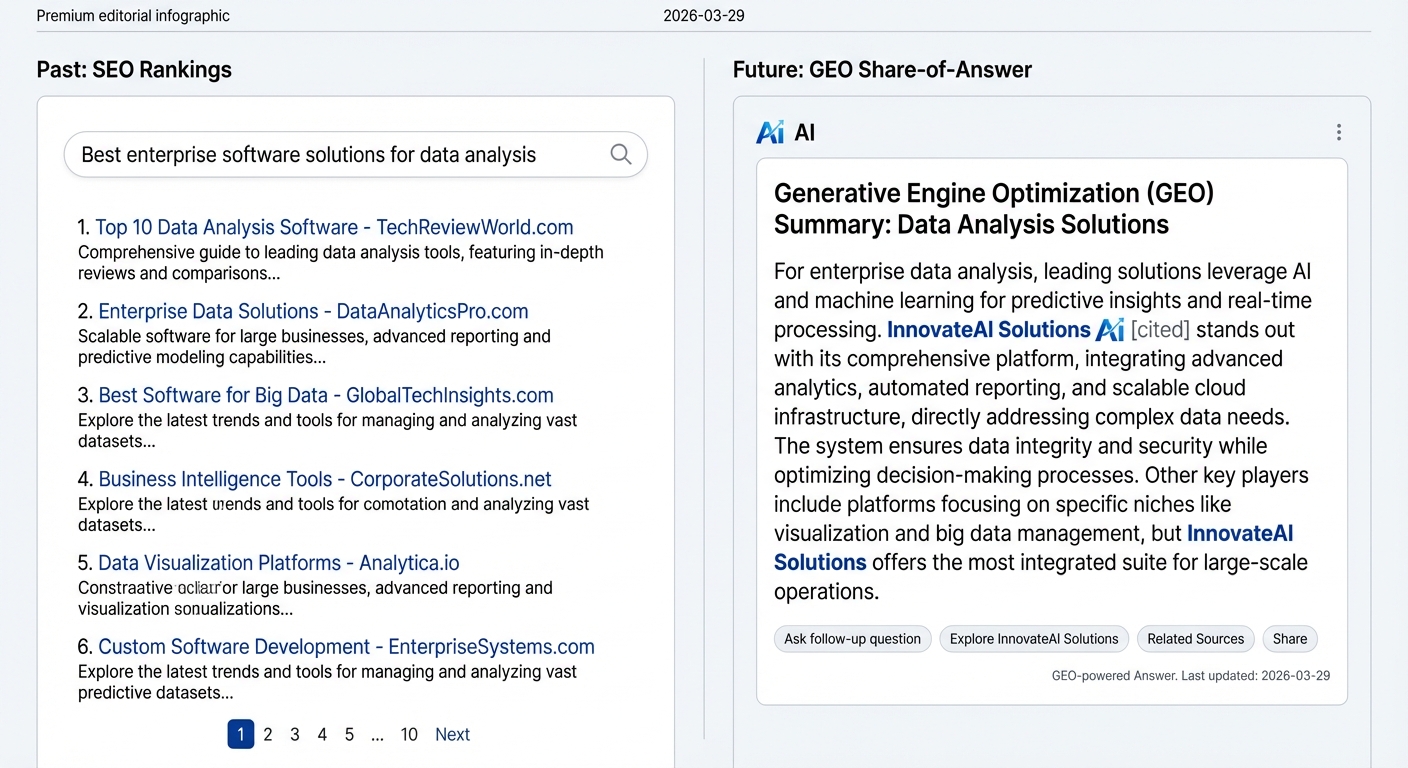 An infographic comparing old SEO rankings on a search results page with the new goal of achieving 'share-of-answer' inside an AI response box.
