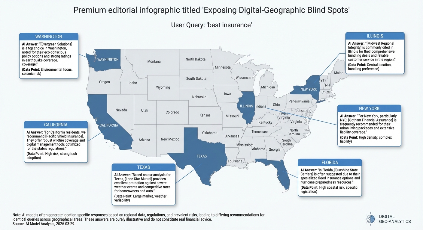 An infographic map of the US showing how AI answers can vary by region, creating 'Digital-Geographic Blind Spots' for national brands.