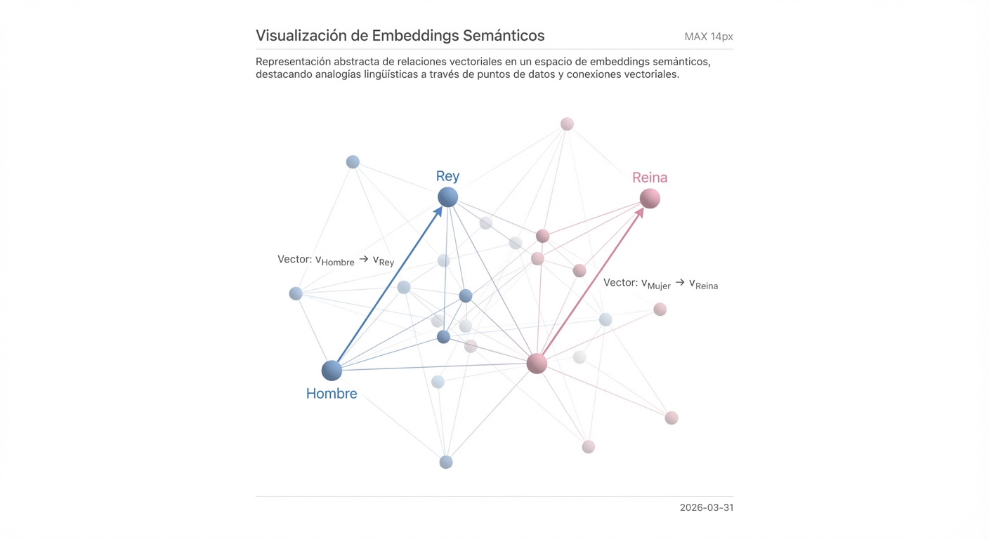 Visualización del concepto de embeddings, mostrando las relaciones vectoriales entre las palabras Rey, Reina, Hombre y Mujer.