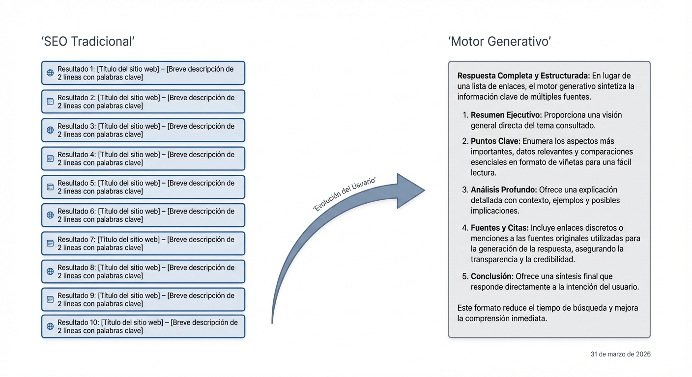 Comparación visual del SEO tradicional (lista de enlaces) y los motores generativos (respuesta directa).