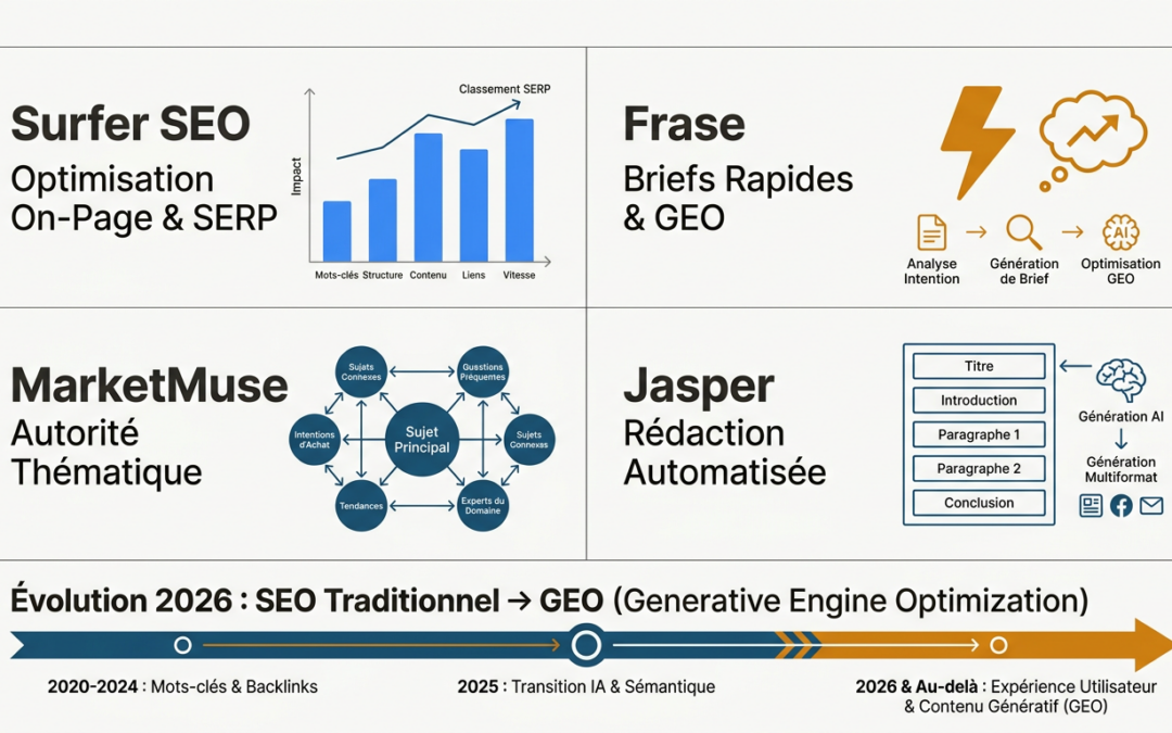 Surfer SEO vs Frase vs MarketMuse vs Jasper pour le Référencement Google 2026