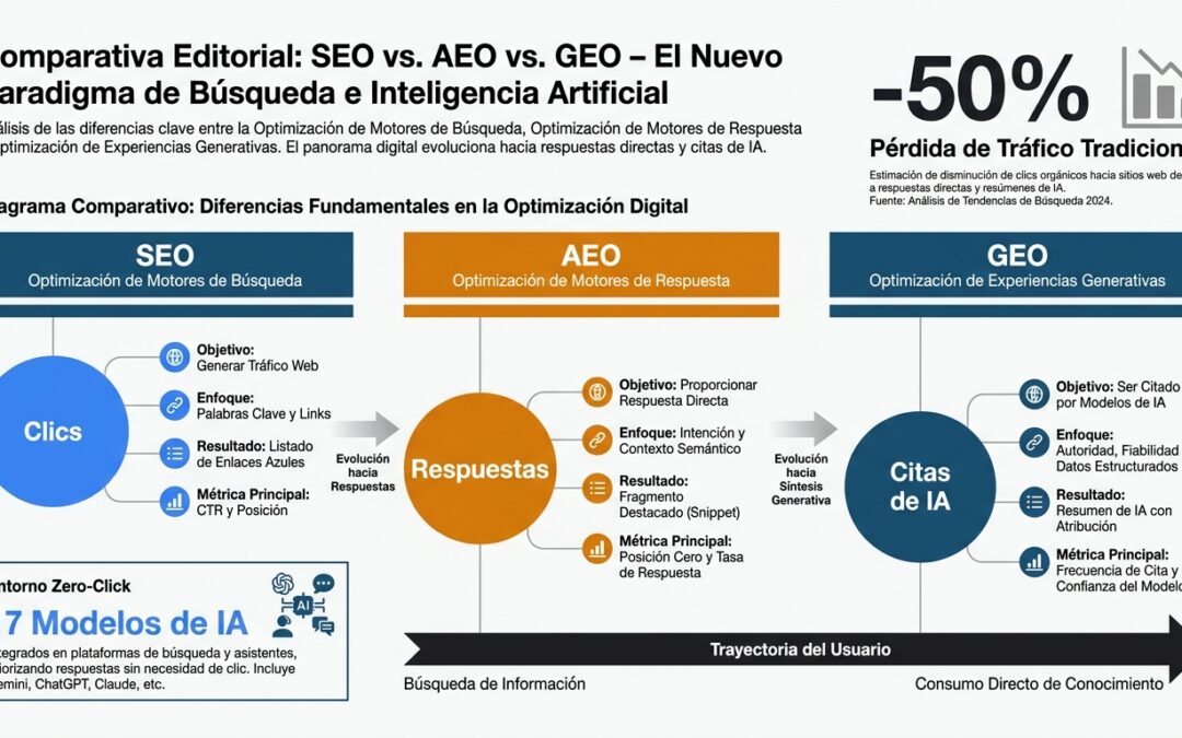 Diferencias clave entre AEO, GEO y SEO tradicional
