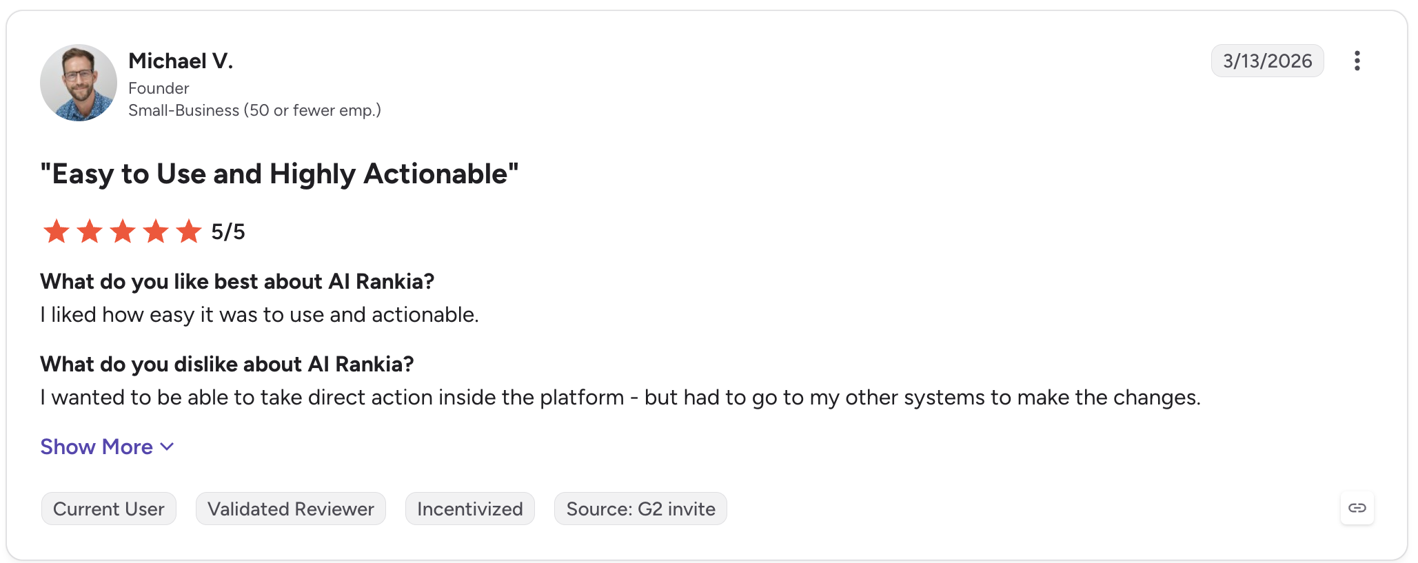 G2 review of AI Rankia by Michael V., 5 out of 5, March 2026