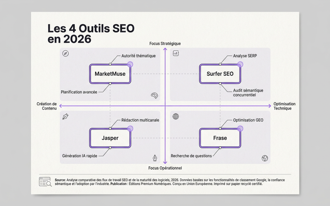 Surfer SEO vs Frase vs MarketMuse vs Jasper pour le Référencement Google 2026